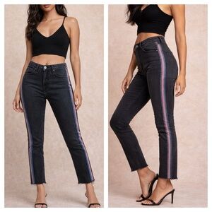 Mother Denim High Waisted Looker Ankle Fray Jeans Guilty Glitter Racer" Stripe